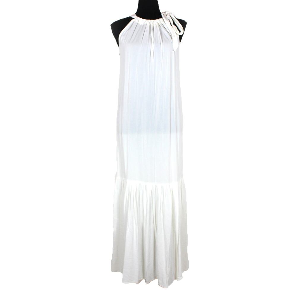 Diarrablu Gnoor White Pleated Tie Neck Maxi Dress XS Lyocell Flounce Hemline